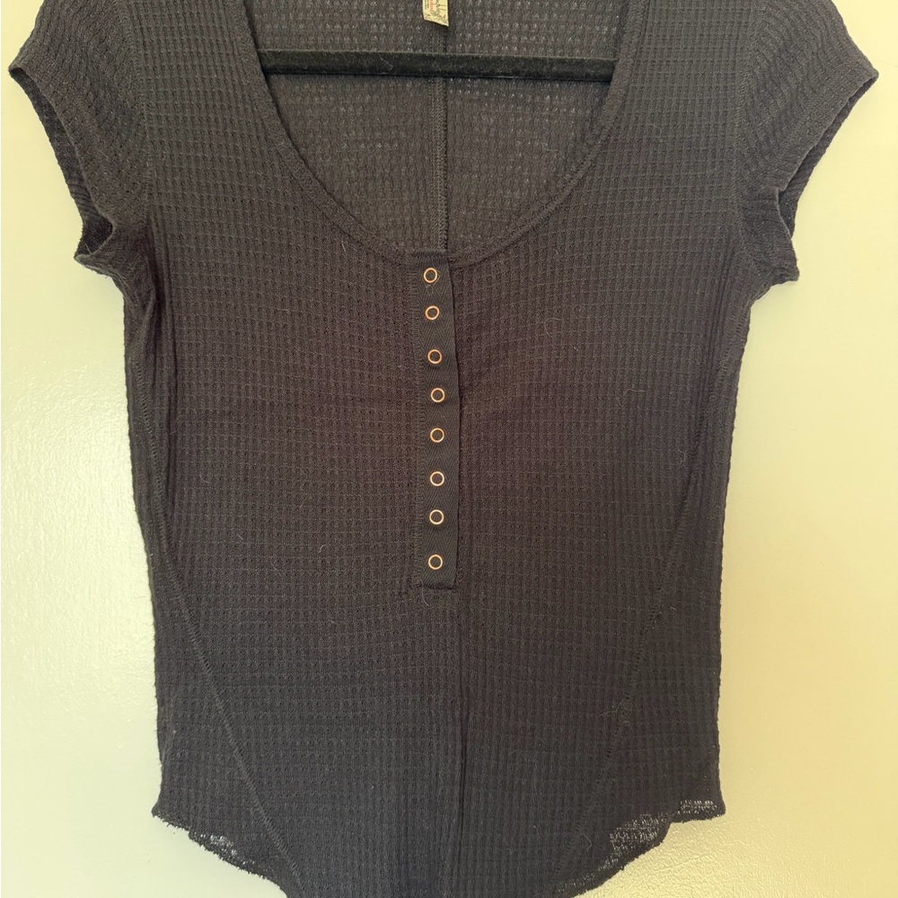 Free People Black Ribbed Scoop Henley Tee